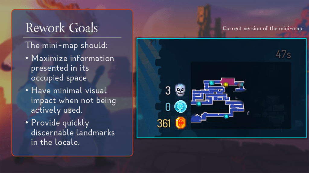 Rework goals.
The mini-map should:
Maximize information presented in its occupied space.
Have minimal visual impact when not being actively used.
Provide quickly discernible landmarks in the locale.