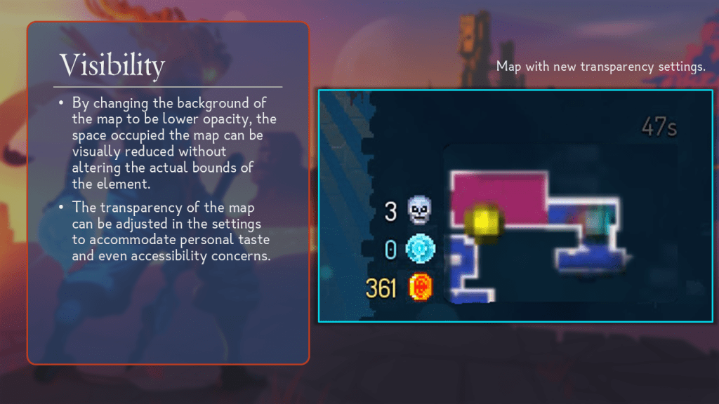 Visibility.
By changing the background of the map to be lower opacity, the space occupied the map can be visually reduced without altering the actual bounds of the element.
The transparency of the map can be adjusted in the settings to accommodate personal taste and even accessibility concerns.