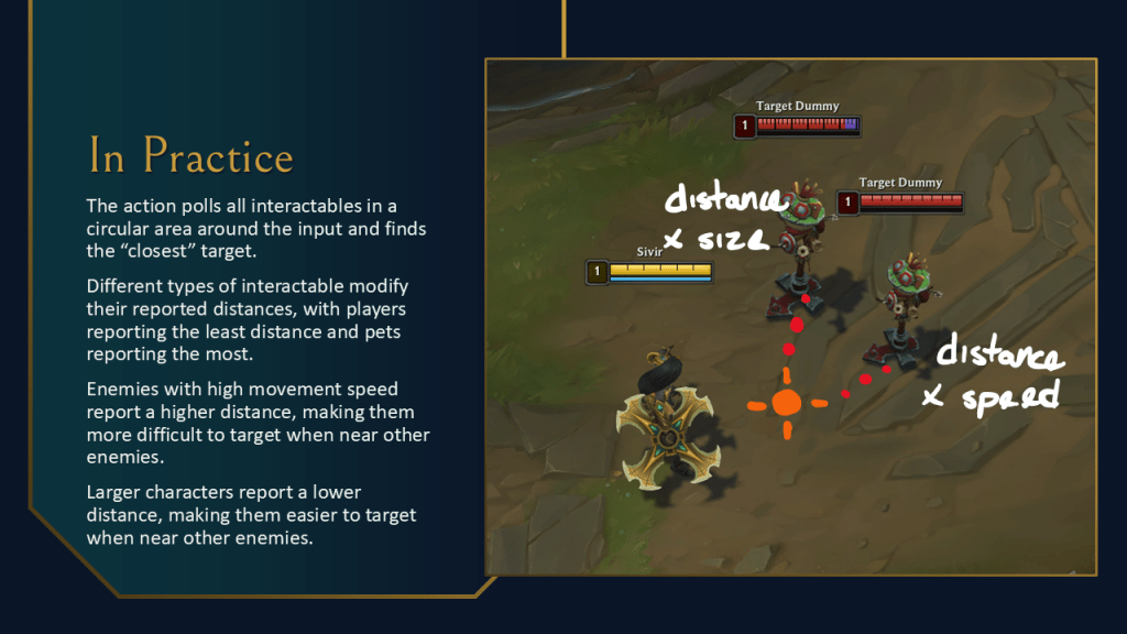 The action polls all interactables in a circular area around the input and finds the “closest” target.
Different types of interactable modify their reported distances, with players reporting the least distance and pets reporting the most.
Enemies with high movement speed report a higher distance, making them more difficult to target when near other enemies.
Larger characters report a lower distance, making them easier to target when near other enemies.